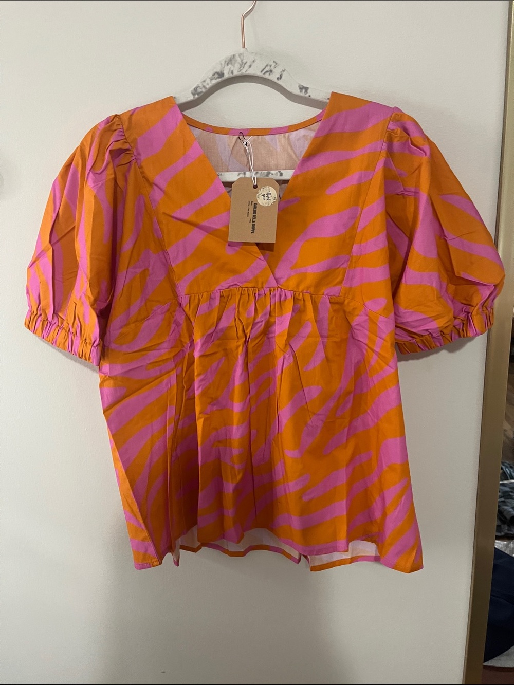 V-Neck Puff Sleeve Blouse in Orange & Pink Stripe